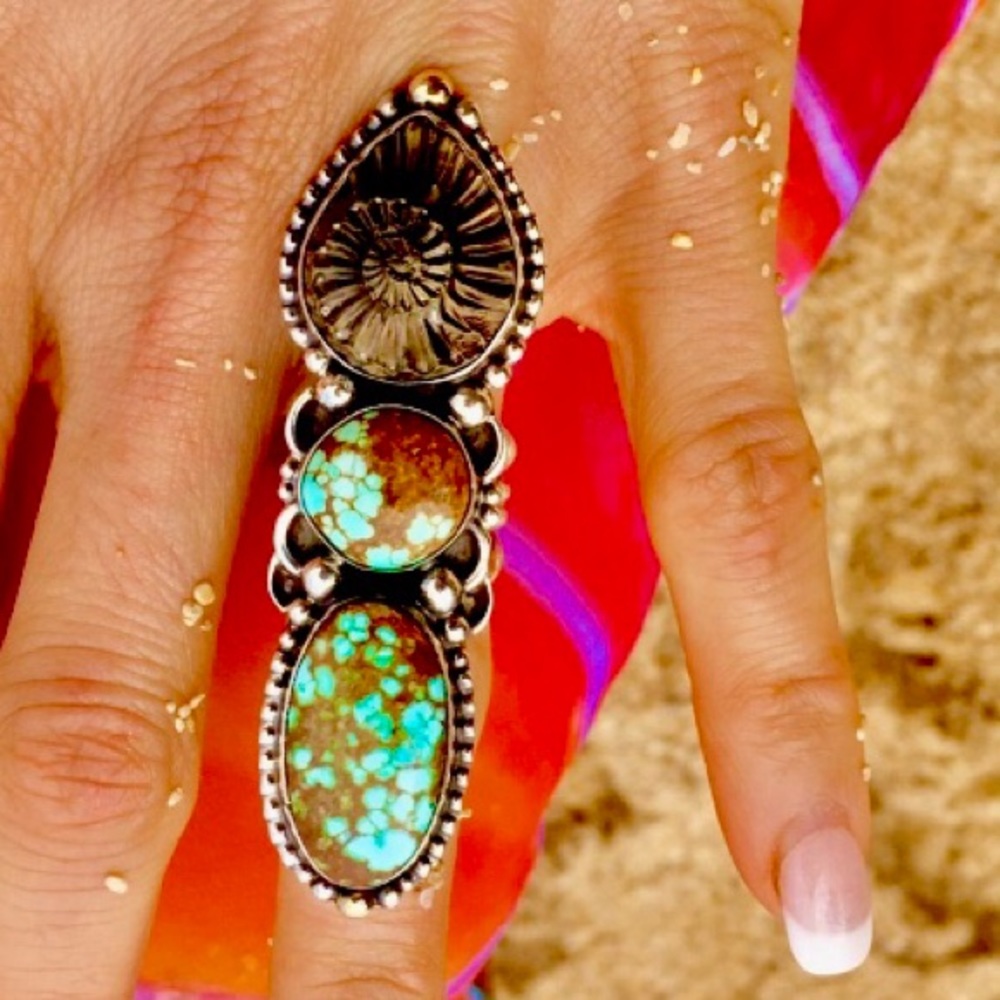 14k Gold / Sterling #8 Turquoise + Ammonite Ring!